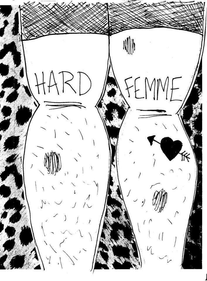 Abgebildet ist das Cover des Zines Hard Femme (von Kirsten Fife) - darauf sind zwei Beine. Auf jedem der Oberschenkel steht ein Wort: Hard - Femme. Auf dem rechten Unterschenkel ist ein Tattoo vorhanden: Ein mit einem Pfeil durchschossenes Herz. Auf beiden Beinen befinden sich blaue Flecken. Die Zeichnung ist einfarbig (schwarz/weiß) gehalten. Im Hintergrund befindet sich ein Tiermuster (Zebra oder Gepard)