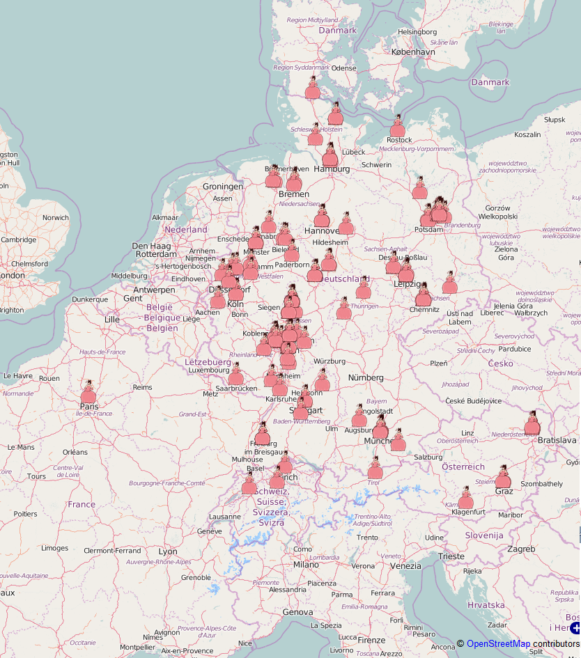 zu sehen ist eine Open-Street-Map-Karte von allen Auslageorten, an denen Queerulant_in momentan ausliegt. Es gibt Auslageorte in Deutschland, Österreich, der Schweiz und Frankreich. Die meisten Auslageorte liegen in Deutschland.